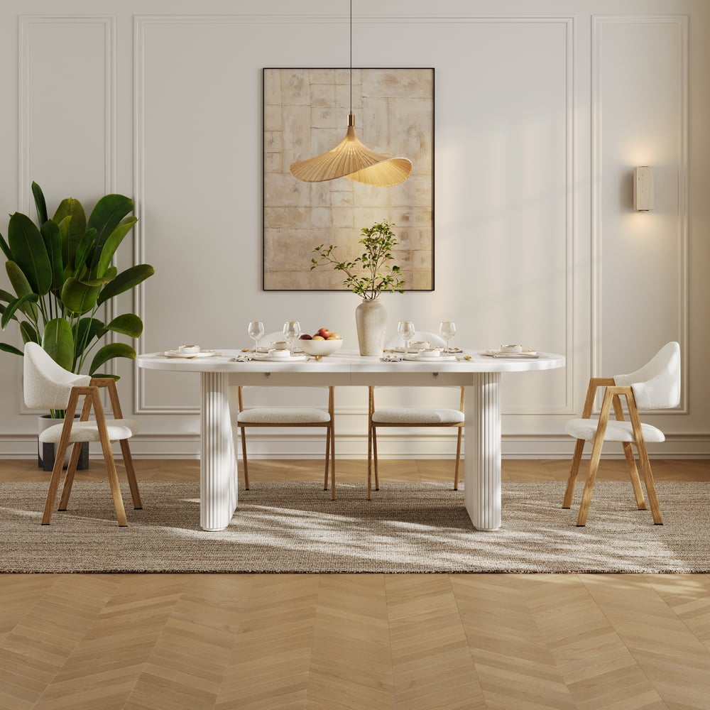 Japandi 2000mm-2400mm Oval Extendable White Dining Table & 8 Dining Chair Set window image