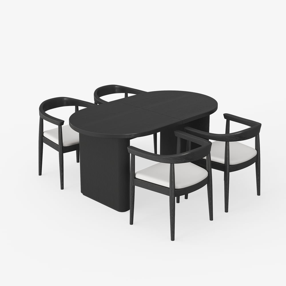 Japandi 1600mm-2000mm Oval Extendable Black Dining Table & 4 Dining Chair Set window image
