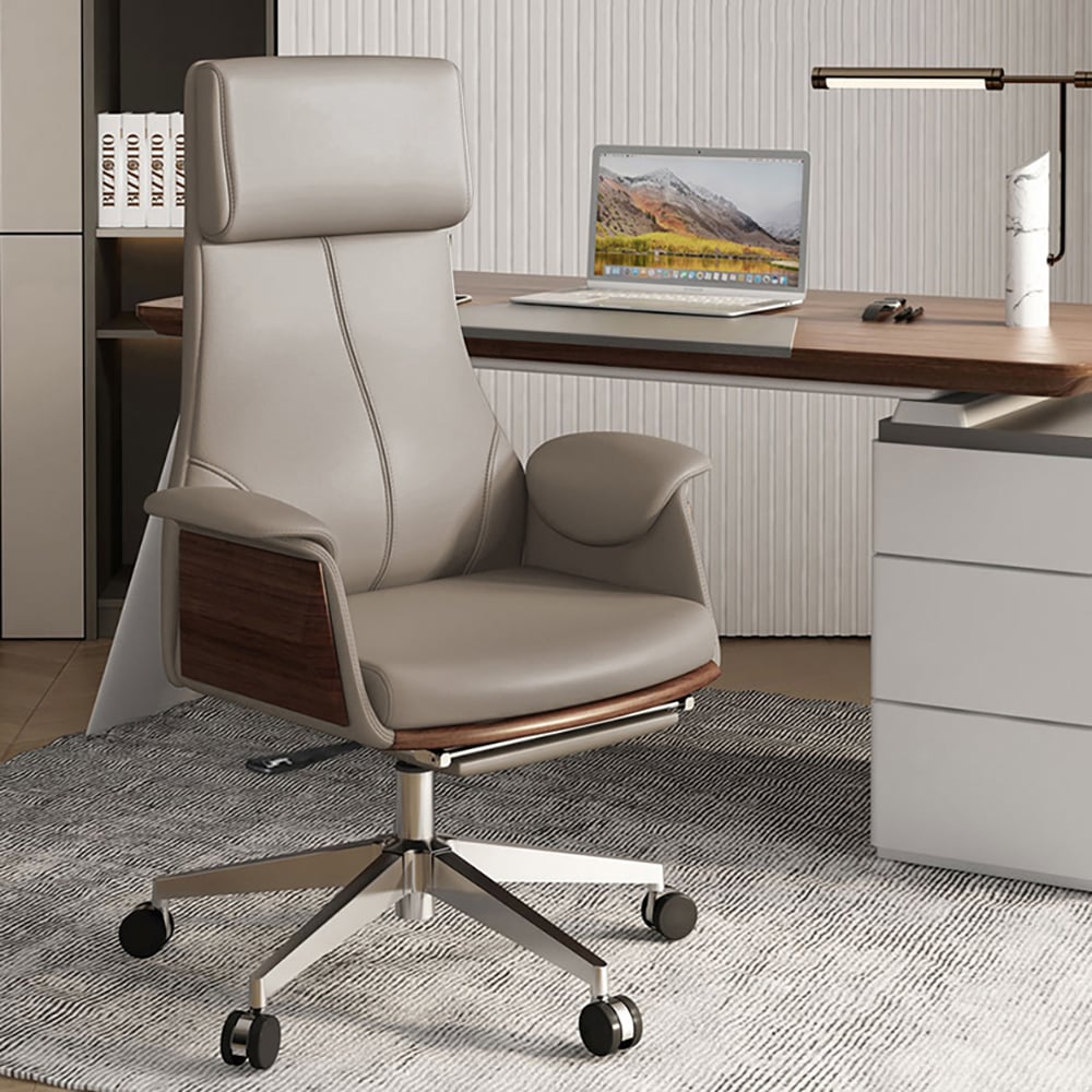 Modern Wash White Standing Computer Desk & Reclining Khaki Leather Office Desk Chair Set window image