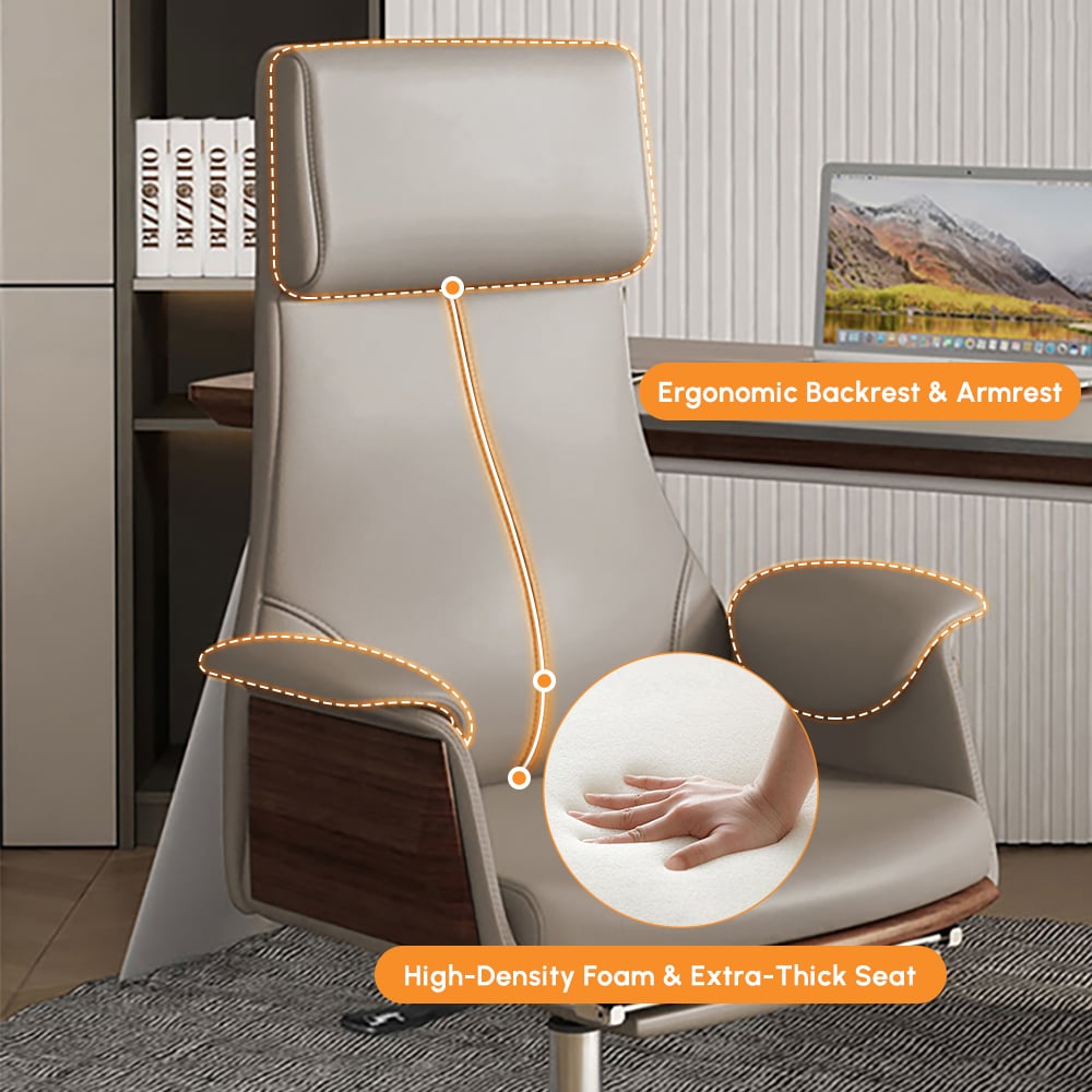 Modern Wash White Standing Computer Desk & Reclining Khaki Leather Office Desk Chair Set window image