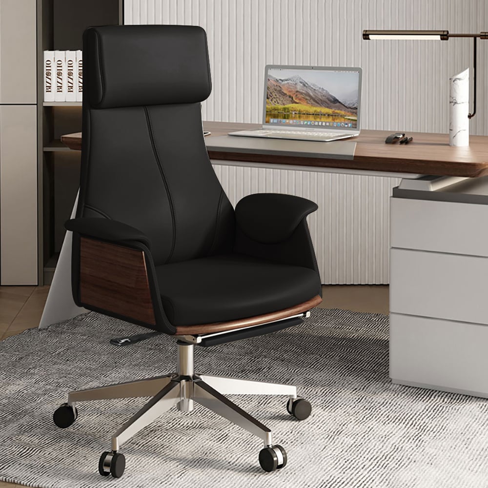 Modern Rotatable L-Shaped Executive Desk & Swivel Black Leather Office Desk Chair Set window image