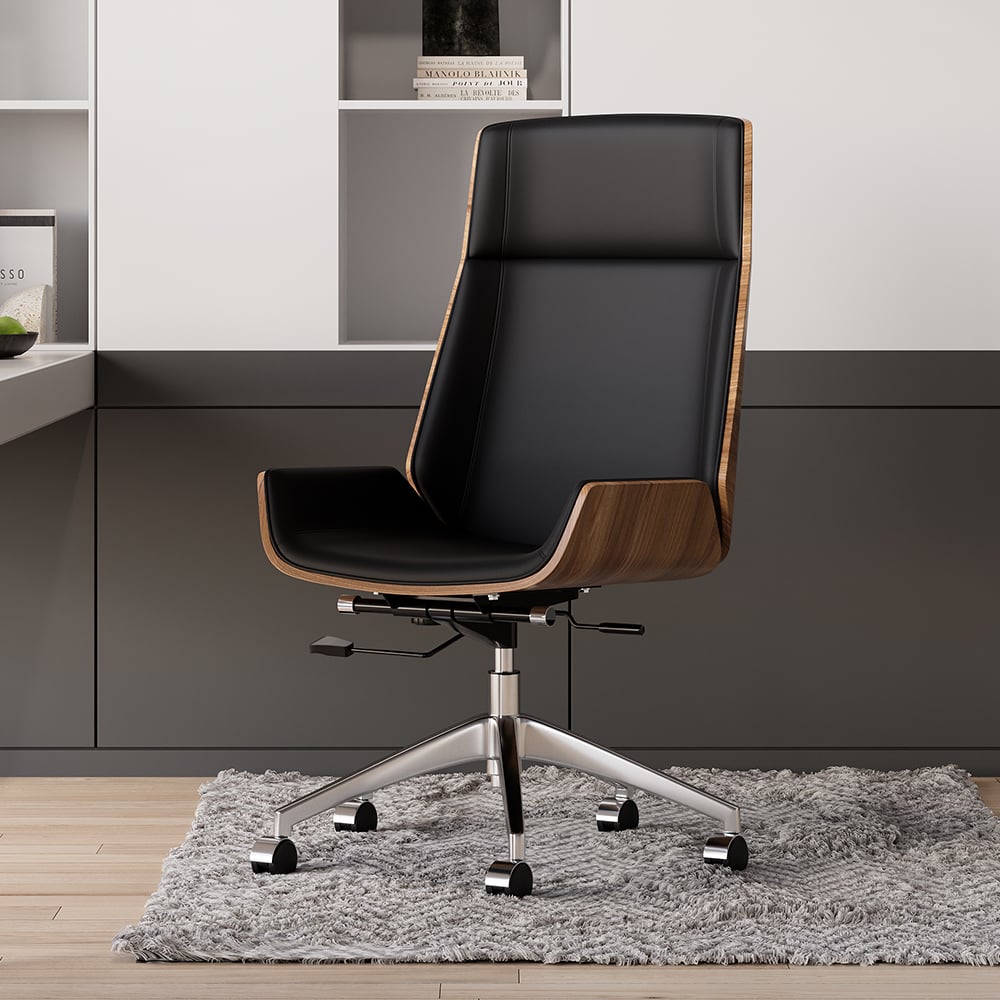 Modern Black L-Shape Executive Desk with Drawers & Black Faux Leather Office Desk Chair window image