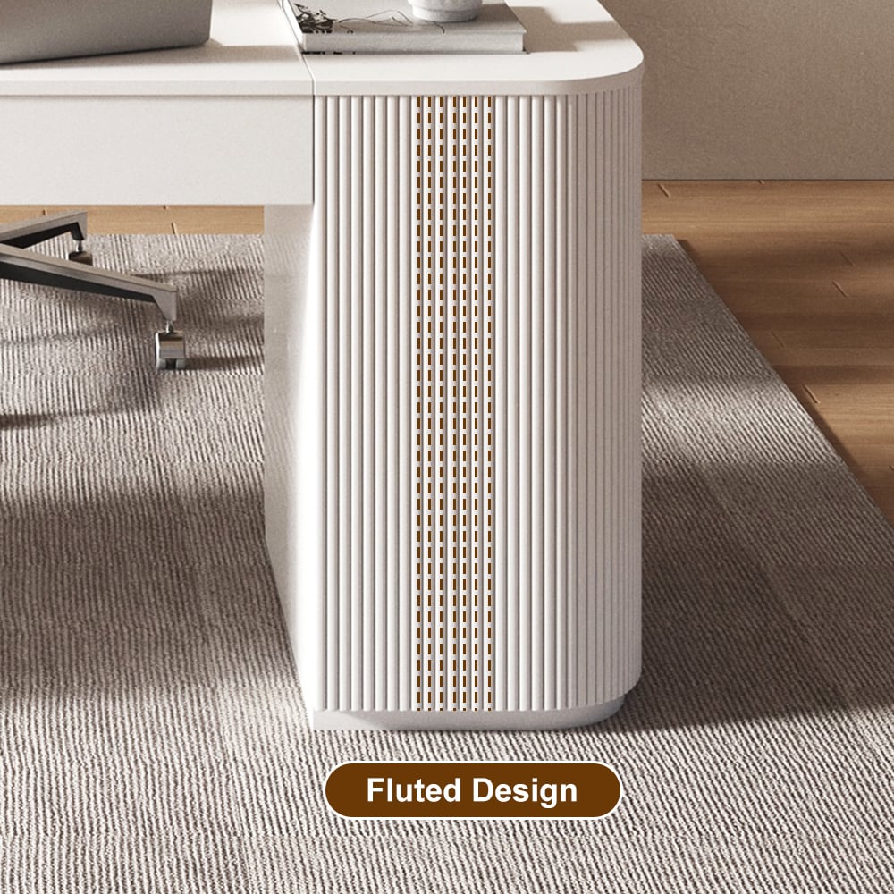 Modern White Standing Computer Desk & Footrest - Ergonomic Leather Office Desk Chair Set window image