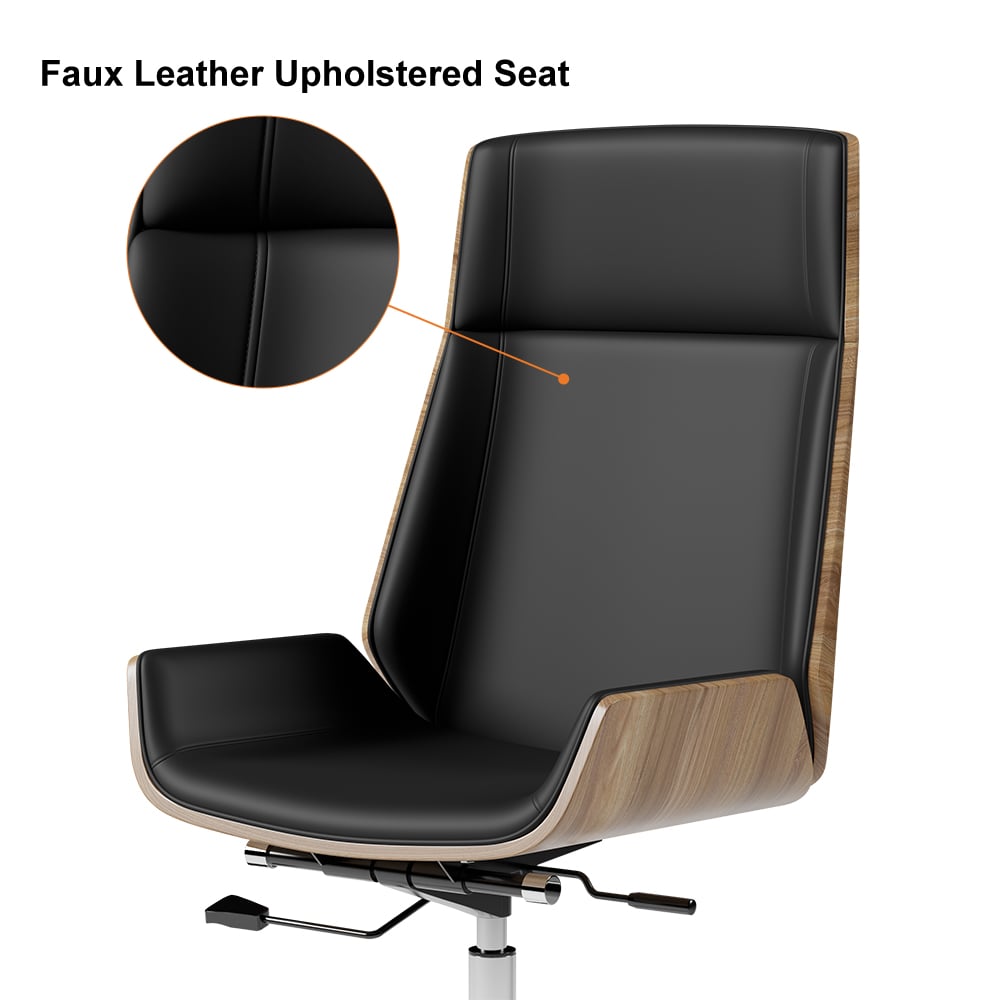 Modern Black L-Shape Executive Desk with Drawers & Black Faux Leather Office Desk Chair window image