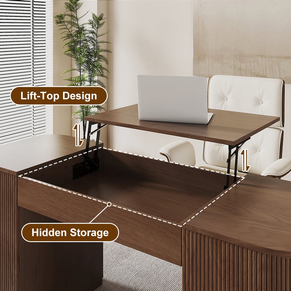 Modern Walnut Standing Writing Desk & Reclining Leather Office Desk Chair Set (59.8" ) window image