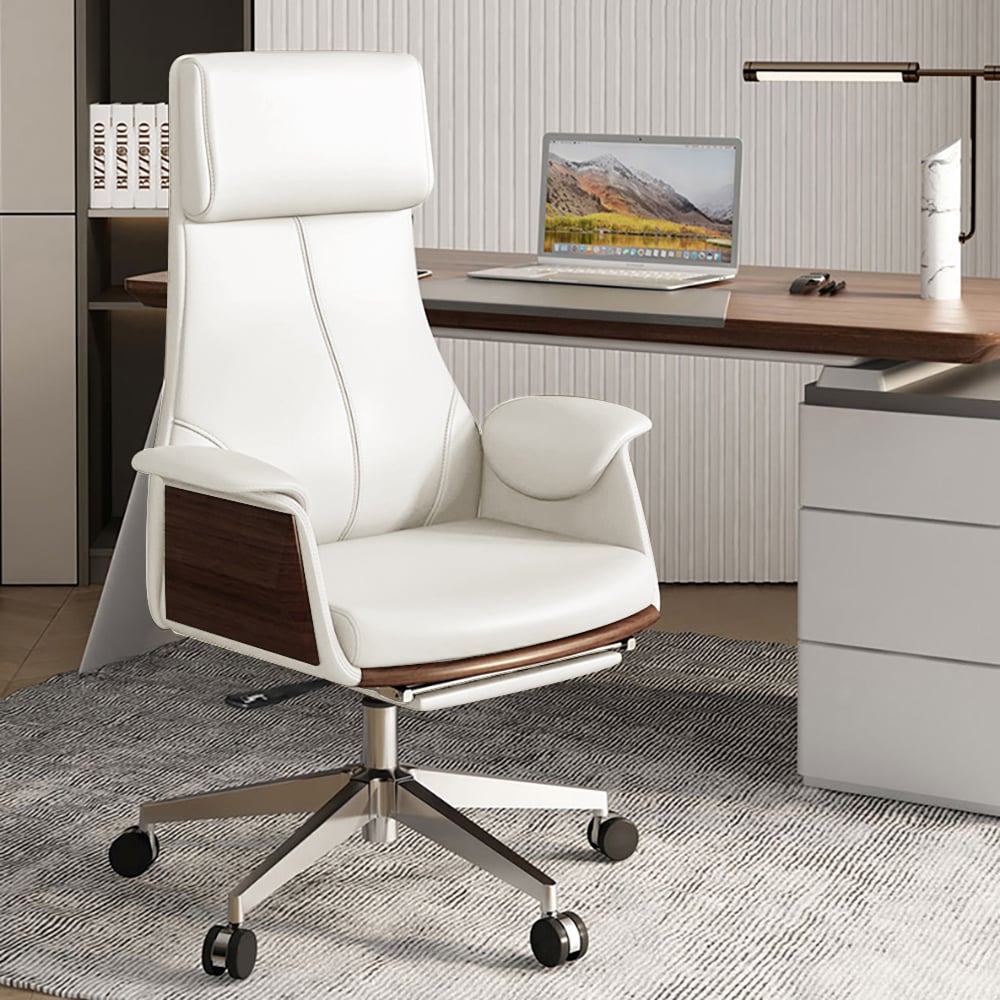 Modern White Large L-Shape Executive Desk with Drawers & Leather Office Desk Chair Set window image