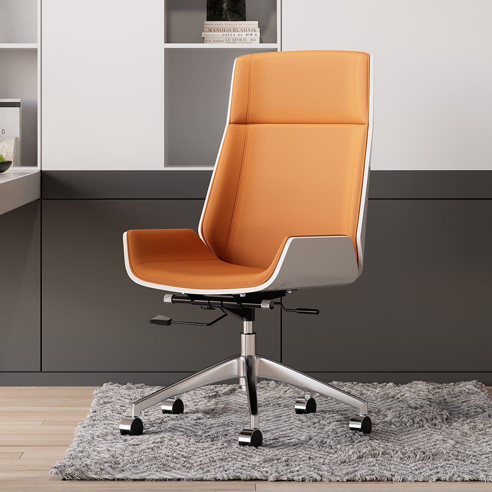 Modern Wash White Standing Computer Desk & Orange Faux Leather Office Chair Set window image