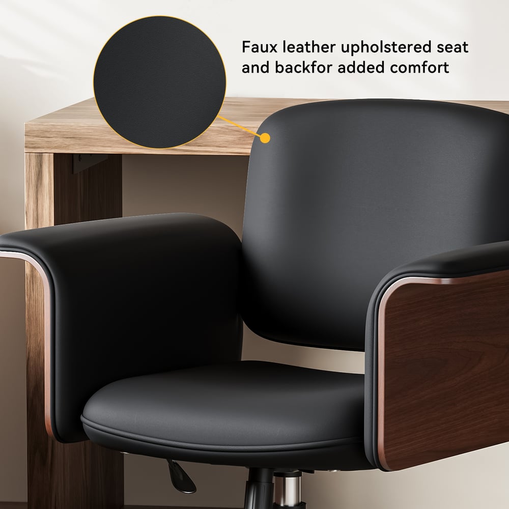 Modern Rotatable L-Shaped Executive Desk & Swivel Black Faux Leather Office Chair Set window image