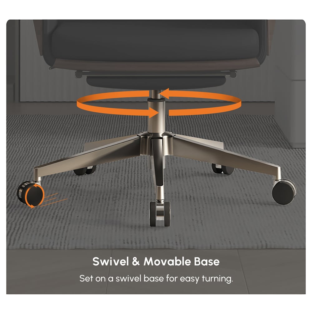 Modern Black Standing Computer Desk & Swivel Black Leather Office Desk Chair Set window image