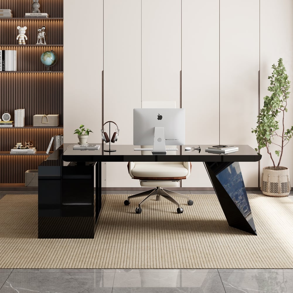 Modern Black L-Shape Executive Desk with Drawers & Swivel Leather Office Desk Chair Set window image
