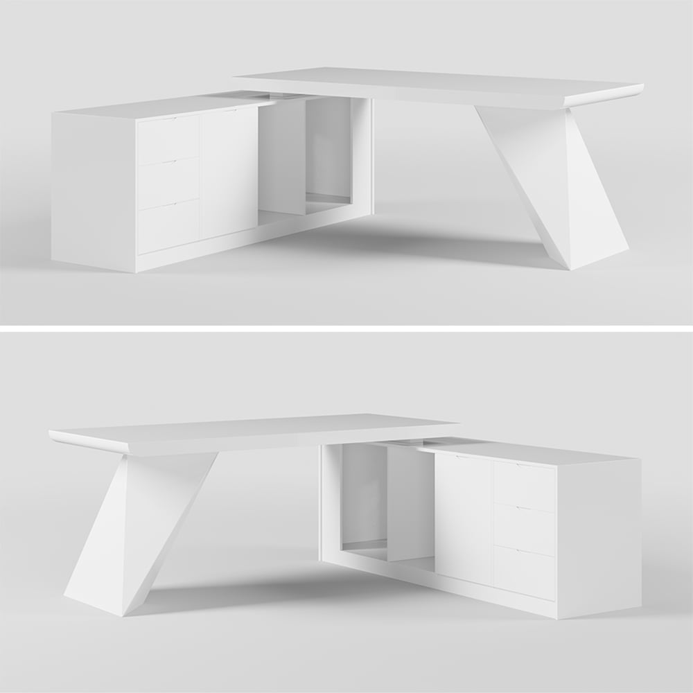 Modern White Large L-Shape Executive Desk with Drawers & Faux Leather Office Chair Set window image