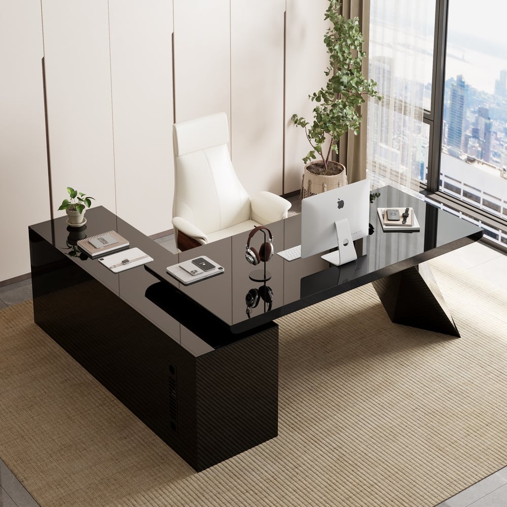Modern Black L-Shape Executive Desk with Drawers & Swivel Leather Office Desk Chair Set window image