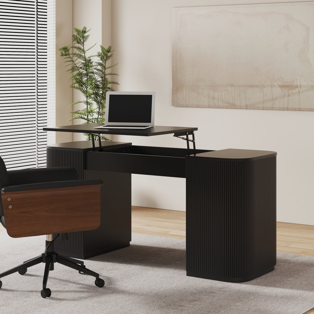 Modern Black Standing Computer Desk & Swivel Black Faux Leather Office Chair Set window image