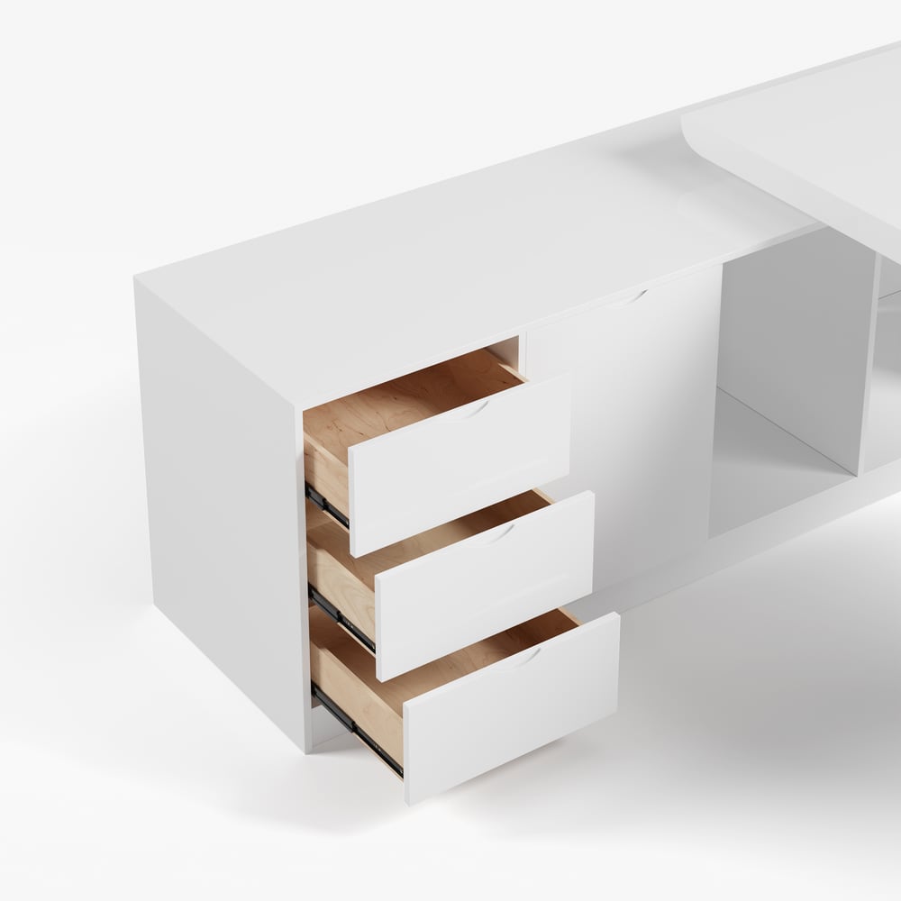 Modern White Large L-Shape Executive Desk with Drawers & Leather Office Desk Chair Set window image