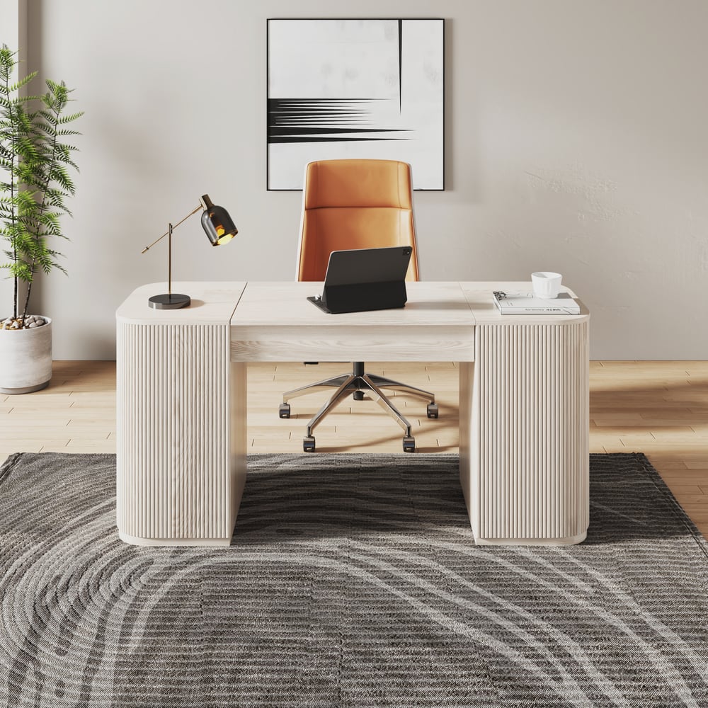 Modern Wash White Standing Computer Desk & Orange Faux Leather Office Chair Set window image