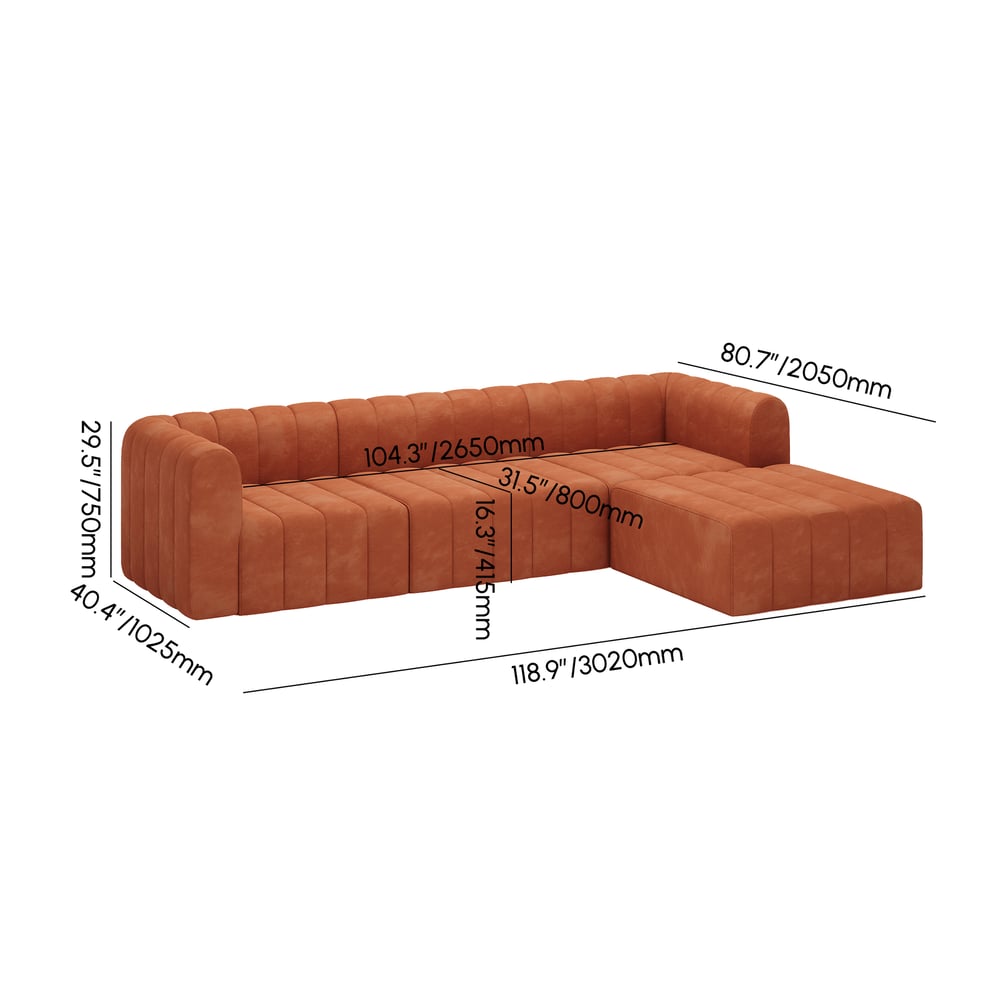 Modulares Ecksofa, 3020 mm, aus orangefarbenem Samt, umwandelbar, 4-teilig, gepolstert Bild der Gewichte & Abmessungen
