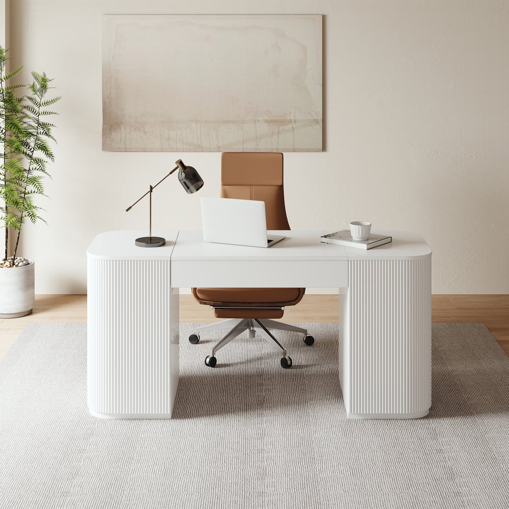 Modern White Standing Computer Desk & Footrest - Ergonomic Leather Office Desk Chair Set window image