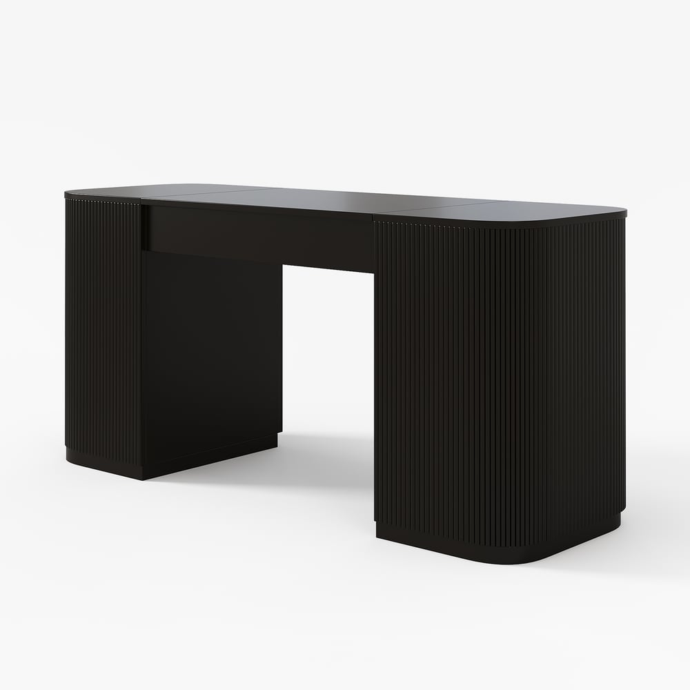 Modern Black Standing Computer Desk & Swivel Black Leather Office Desk Chair Set window image