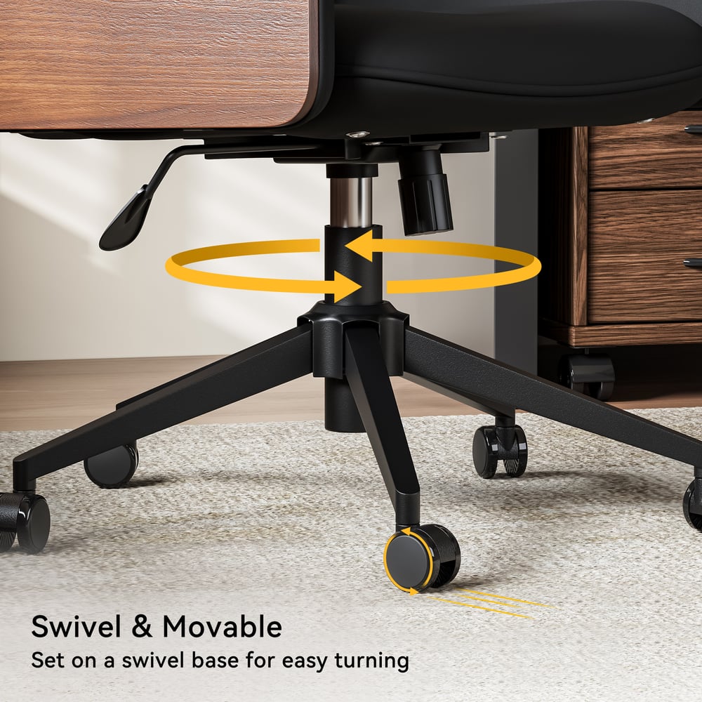 Modern Black Standing Computer Desk & Swivel Black Faux Leather Office Chair Set window image