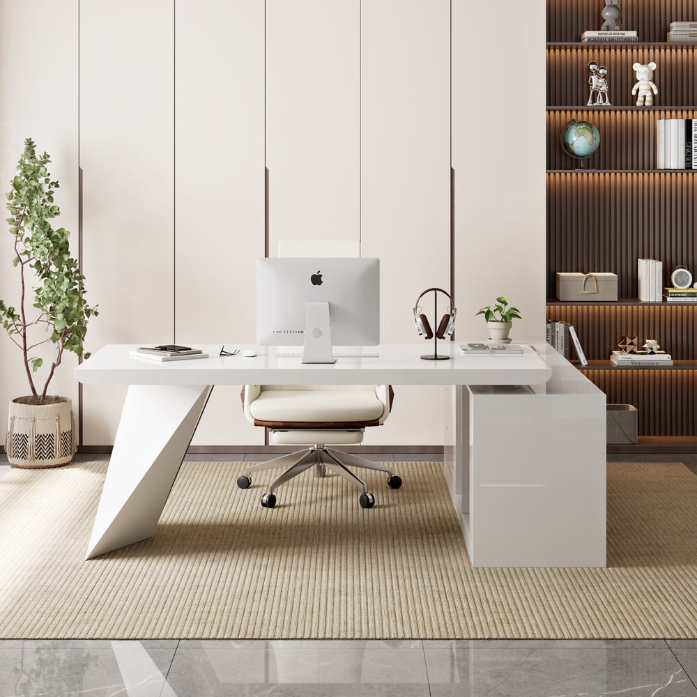 Modern White Large L-Shape Executive Desk with Drawers & Leather Office Desk Chair Set window image