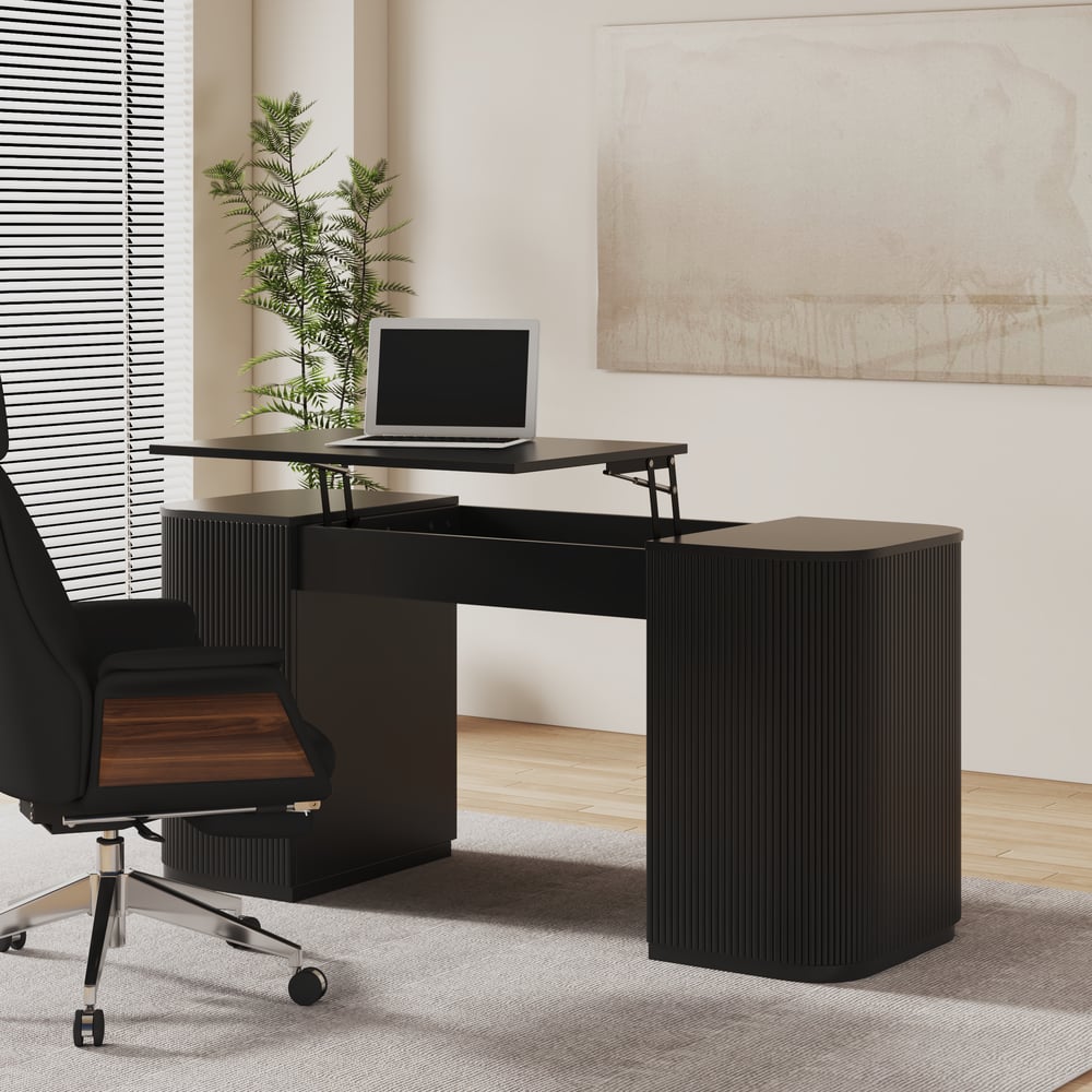 Modern Black Standing Computer Desk & Swivel Black Leather Office Desk Chair Set window image