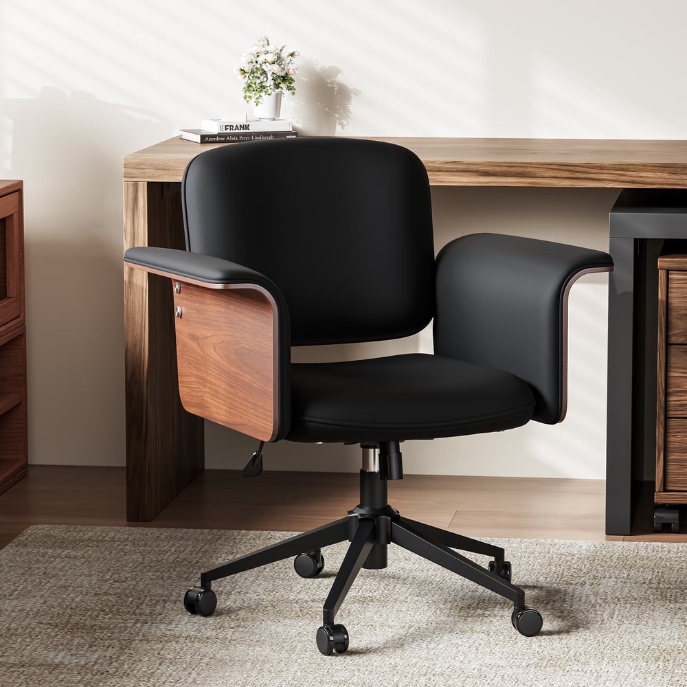 Modern Rotatable L-Shaped Executive Desk & Swivel Black Faux Leather Office Chair Set window image