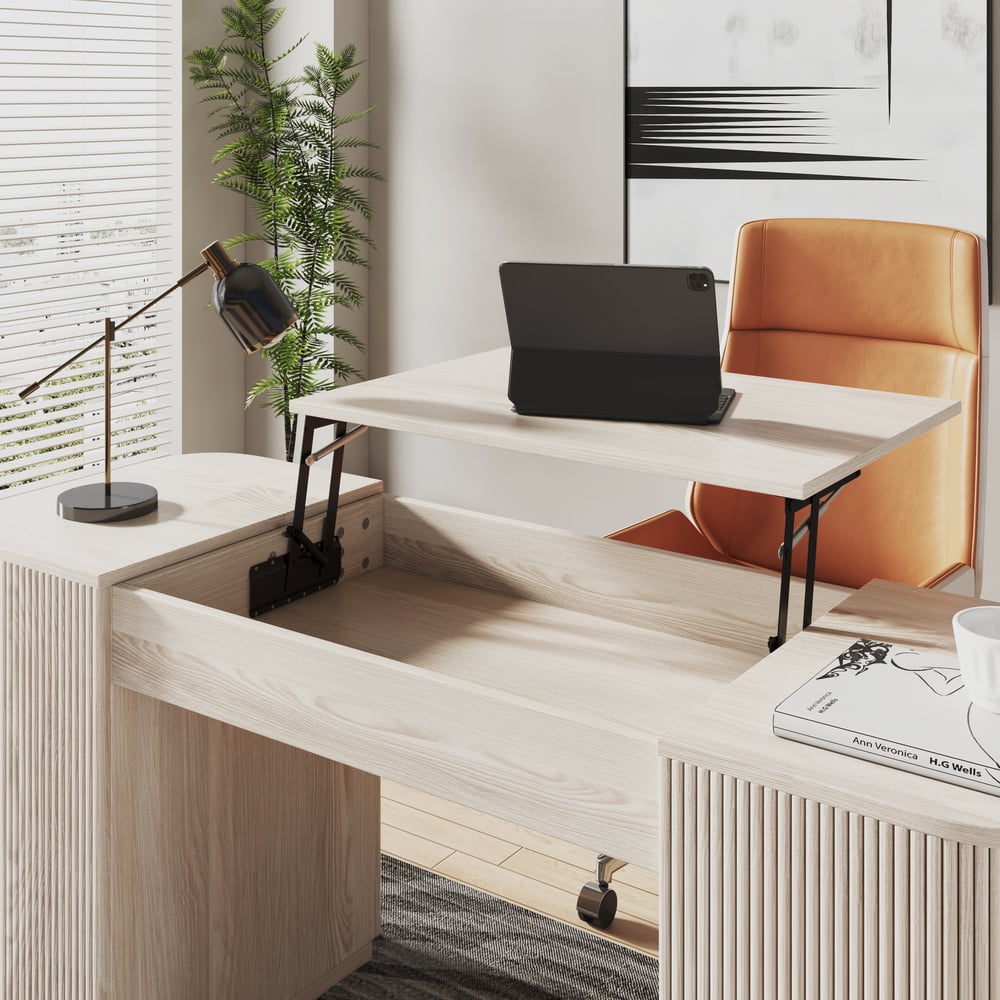 Modern Wash White Standing Computer Desk & Orange Faux Leather Office Chair Set window image