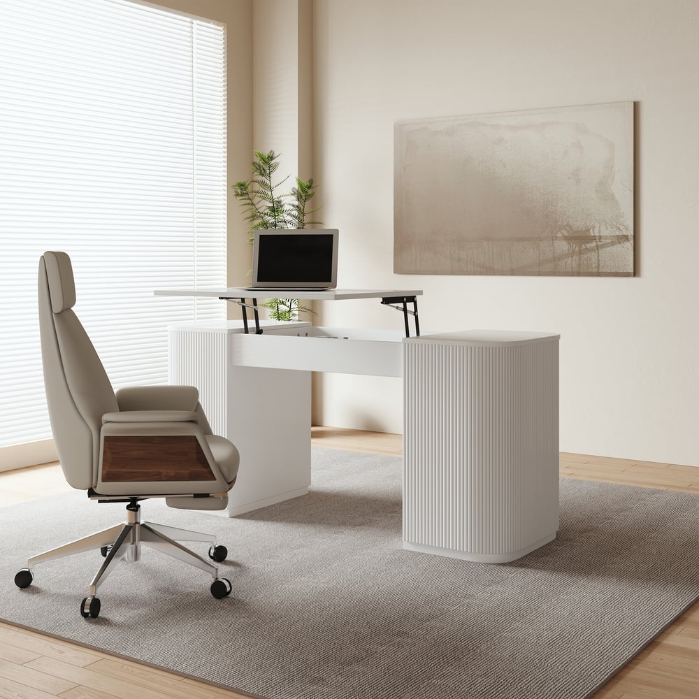 Modern White Standing Computer Desk & Swivel Khaki  Leather Office Desk Chair Set window image