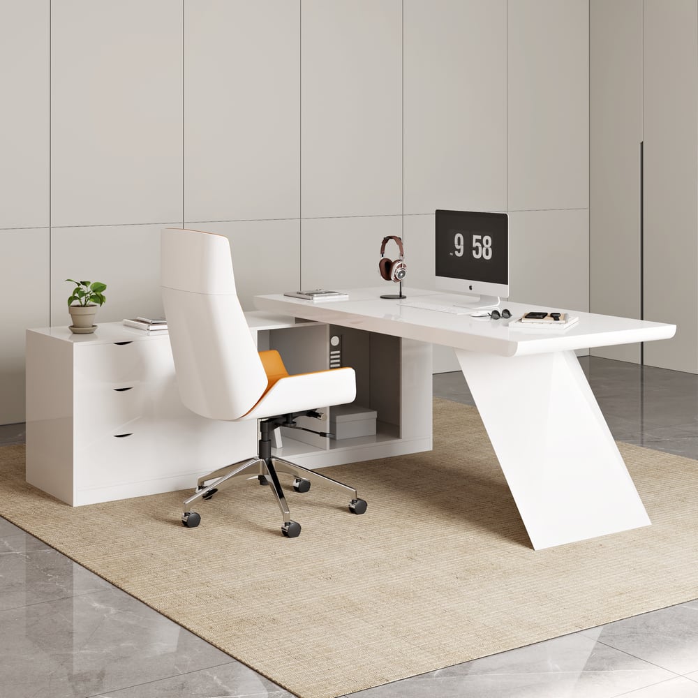 Modern White Large L-Shape Executive Desk with Drawers & Faux Leather Office Chair Set window image