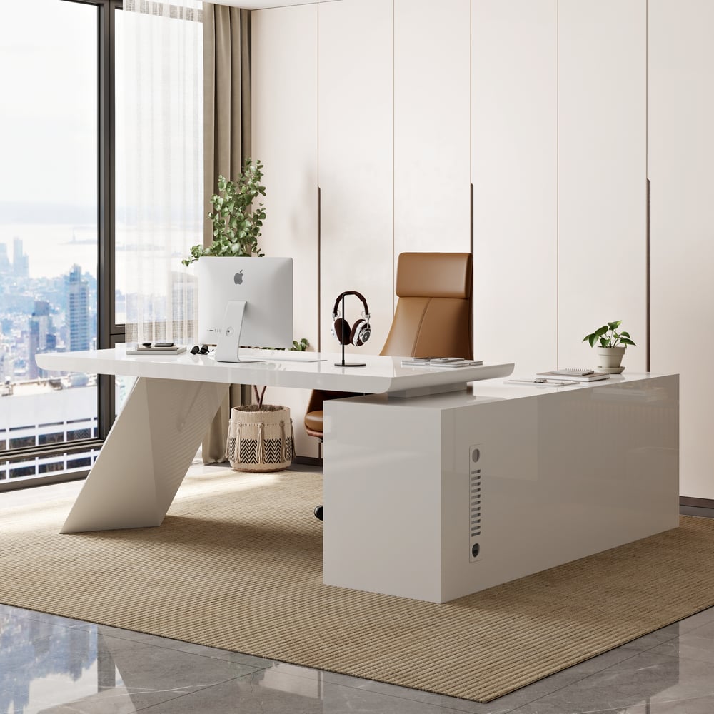 Modern White Large L-Shape Executive Desk with Drawers & Leather Office Desk Chair Set window image