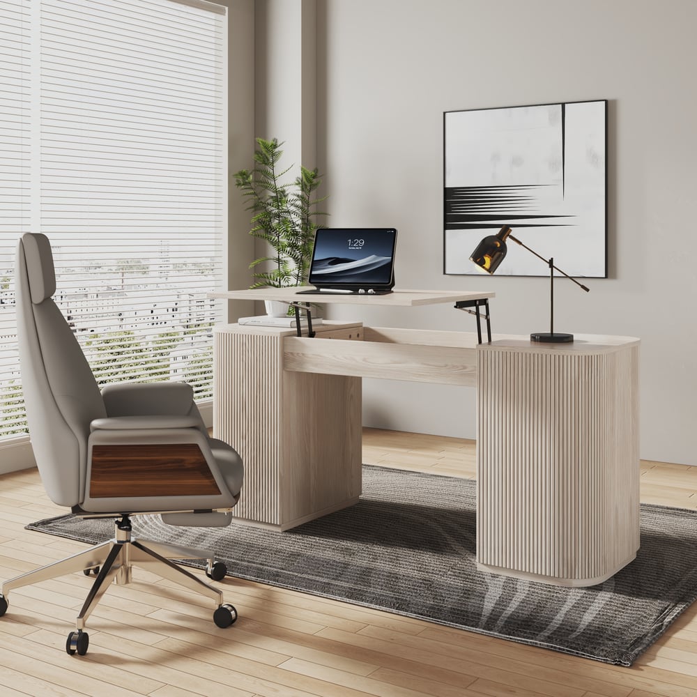 Modern Wash White Standing Computer Desk & Reclining Khaki Leather Office Desk Chair Set window image