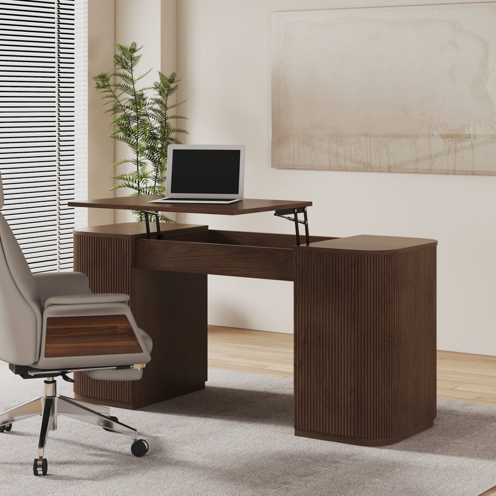 Modern Walnut Standing Writing Desk & Reclining Leather Office Desk Chair Set (59.8" ) window image