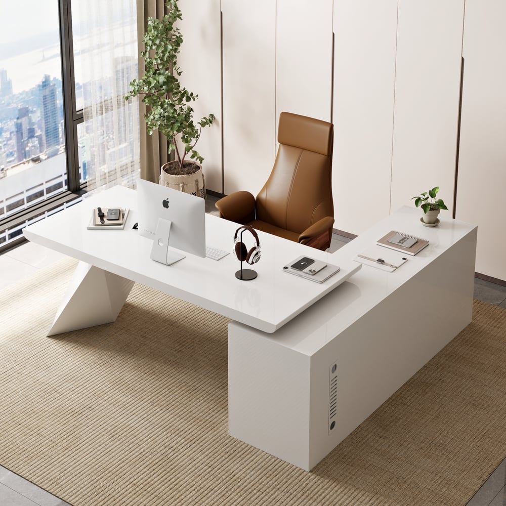 Modern White Large L-Shape Executive Desk with Drawers & Leather Office Desk Chair Set window image