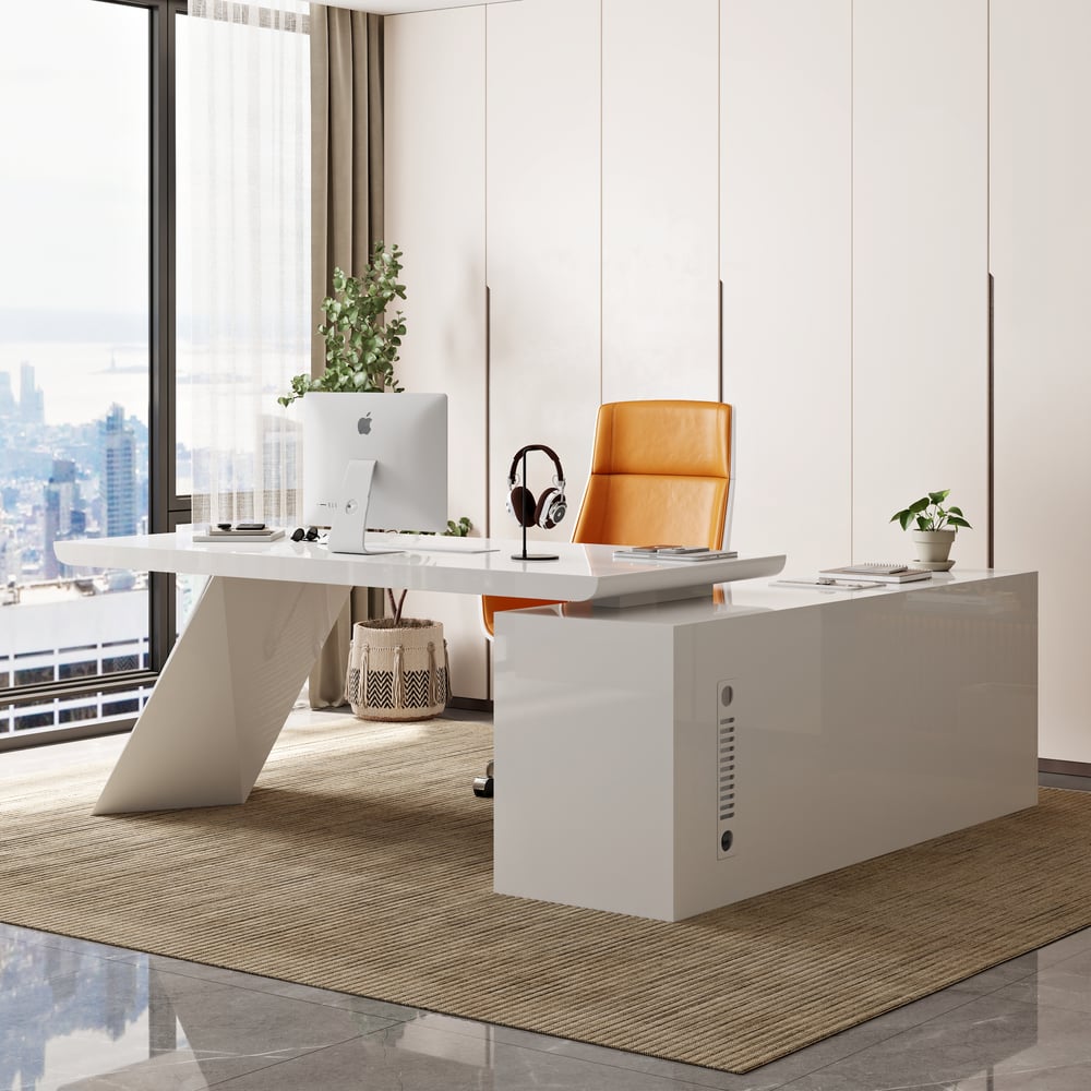 Modern White Large L-Shape Executive Desk with Drawers & Faux Leather Office Chair Set window image