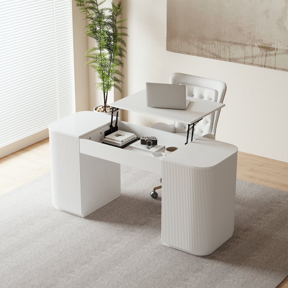 Modern White Standing Computer Desk & Swivel White Leather Office Desk Chair Set window image