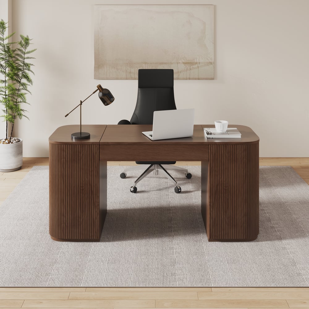 Modern Walnut Standing Writing Desk & Black leather Office Desk Chair Set (59.8" ) window image