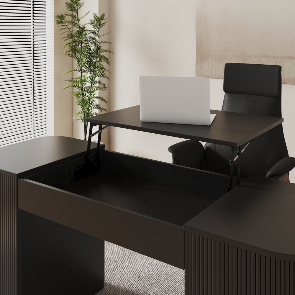 Modern Black Standing Computer Desk & Swivel Black Leather Office Desk Chair Set window image