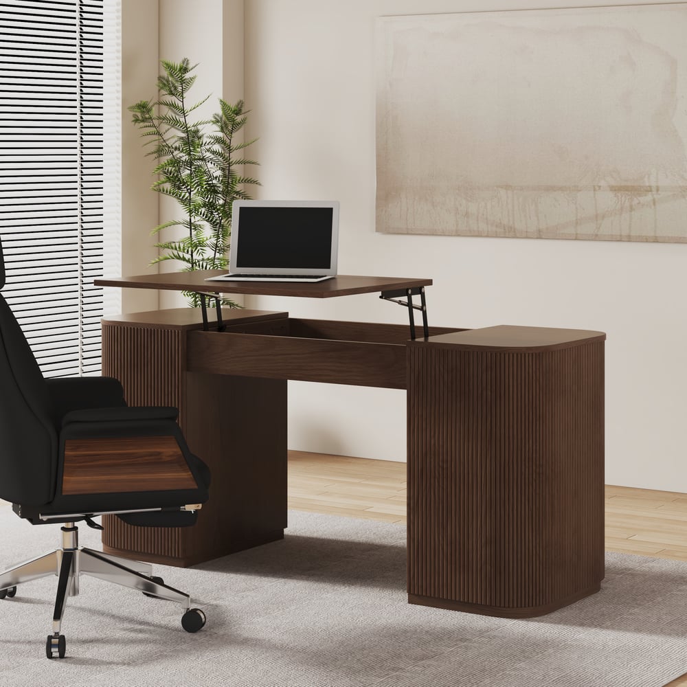 Modern Walnut Standing Writing Desk & Black leather Office Desk Chair Set (59.8" ) window image