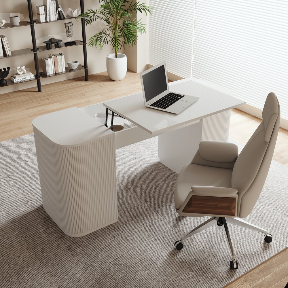 Modern White Standing Computer Desk & Swivel Khaki  Leather Office Desk Chair Set window image