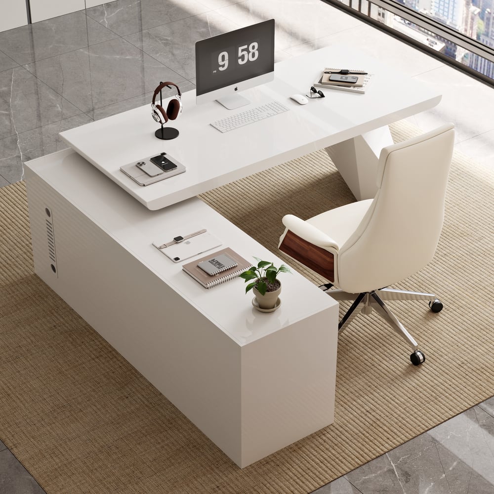 Modern White Large L-Shape Executive Desk with Drawers & Leather Office Desk Chair Set window image