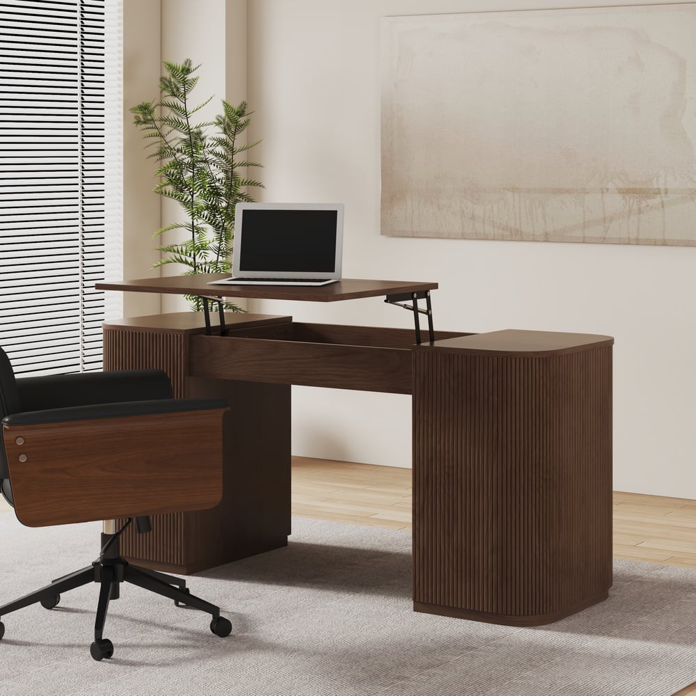 Modern Walnut Standing Writing Desk  & Faux Leather Office Chair Set (59.8" ) window image