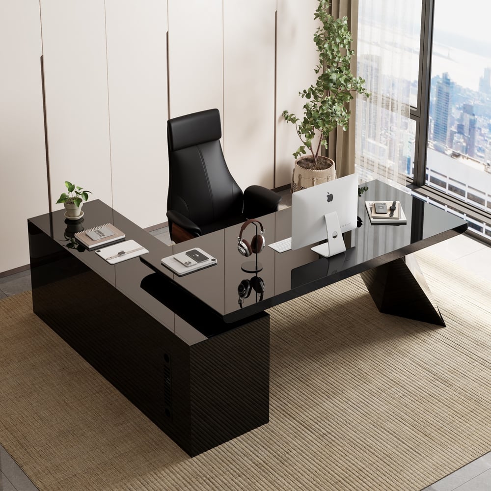 Modern Black L-Shape Executive Desk with Drawers & Swivel Black Leather Office Chair Set window image