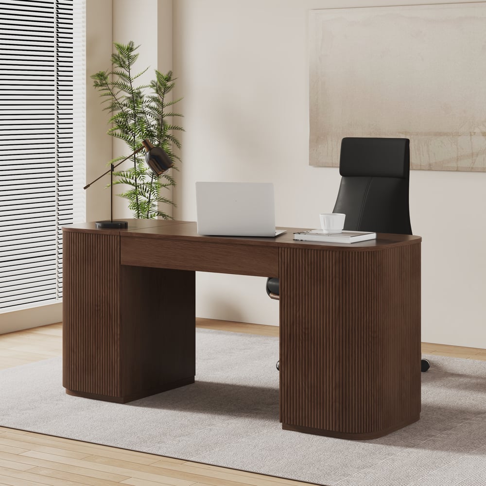 Modern Walnut Standing Writing Desk & Black leather Office Desk Chair Set (59.8" ) window image