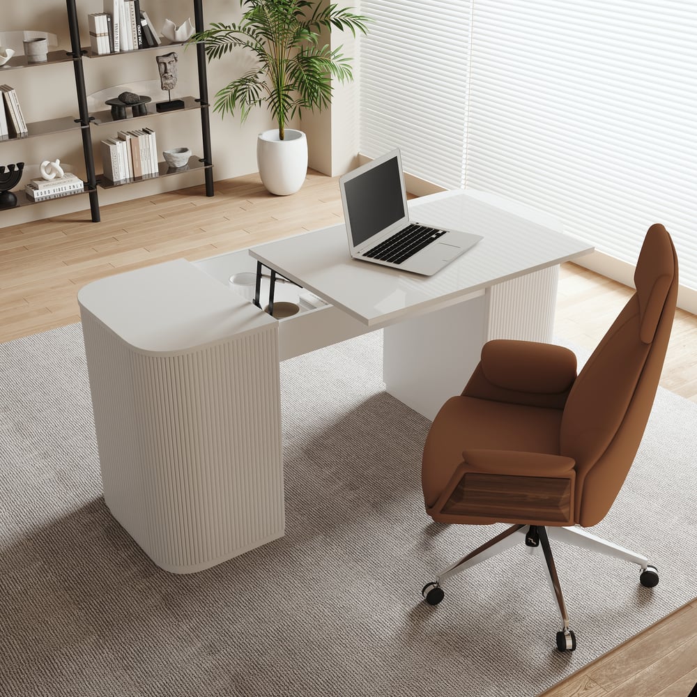 Modern White Standing Computer Desk & Footrest - Ergonomic Leather Office Desk Chair Set window image