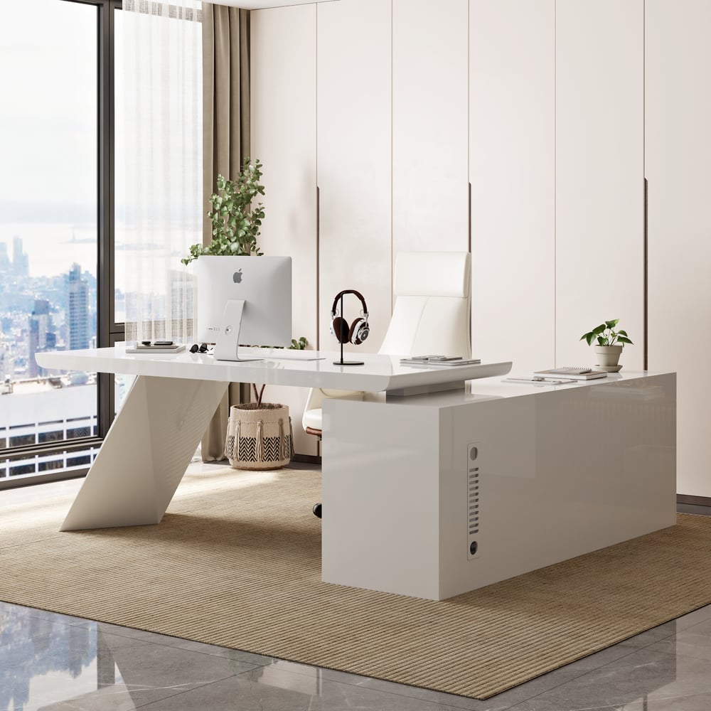 Modern White Large L-Shape Executive Desk with Drawers & Leather Office Desk Chair Set window image