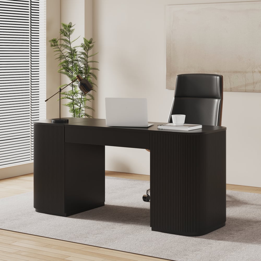 Modern Black Standing Computer Desk & Black Faux Leather Office Chair Set window image