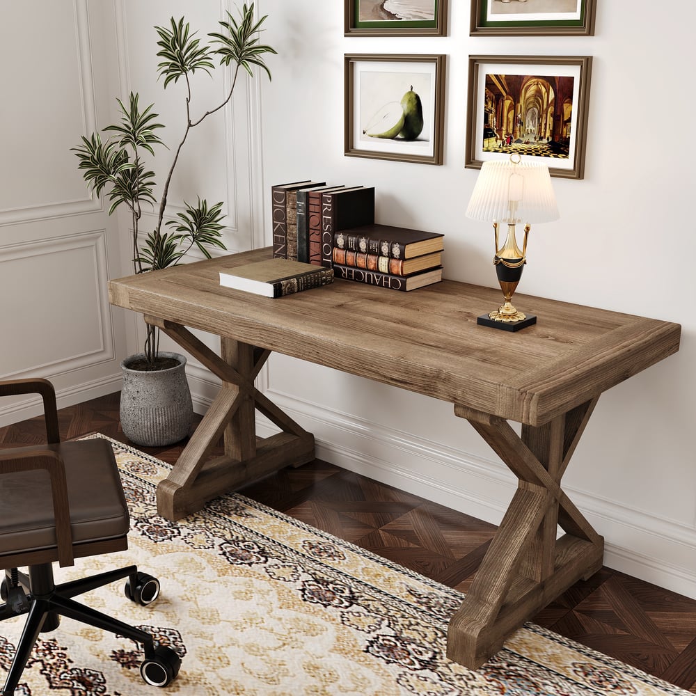 Vintage Style Rectangular Pine Wood Farmhouse Desk & Wood Adjustable Office Chair Set window image