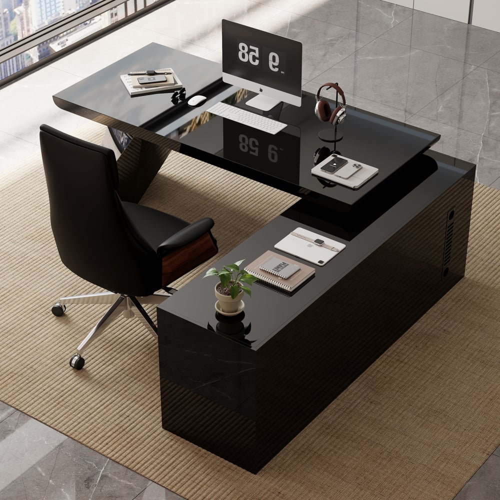 Modern Black L-Shape Executive Desk with Drawers & Swivel Black Leather Office Chair Set window image