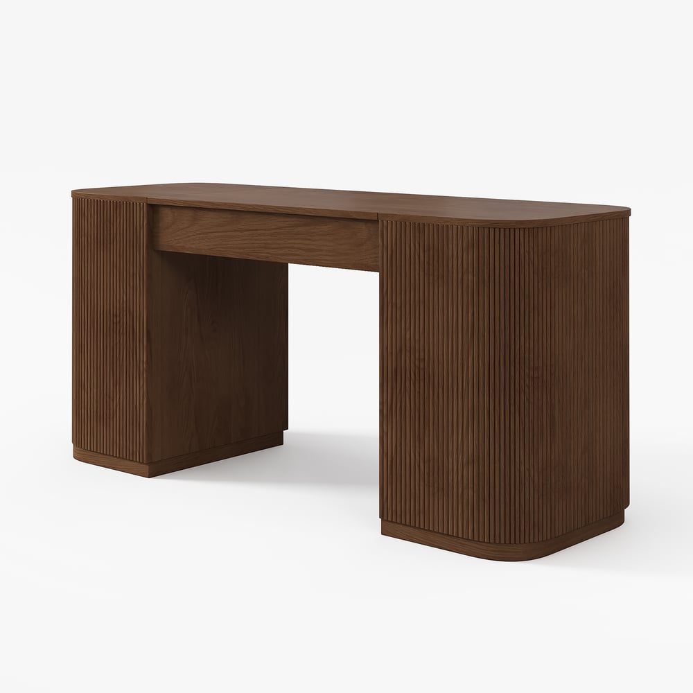 Modern Walnut Standing Writing Desk & Reclining Leather Office Desk Chair Set (59.8" ) window image