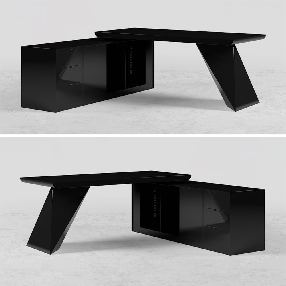 Modern Black L-Shape Executive Desk with Drawers & Swivel Leather Office Desk Chair Set window image